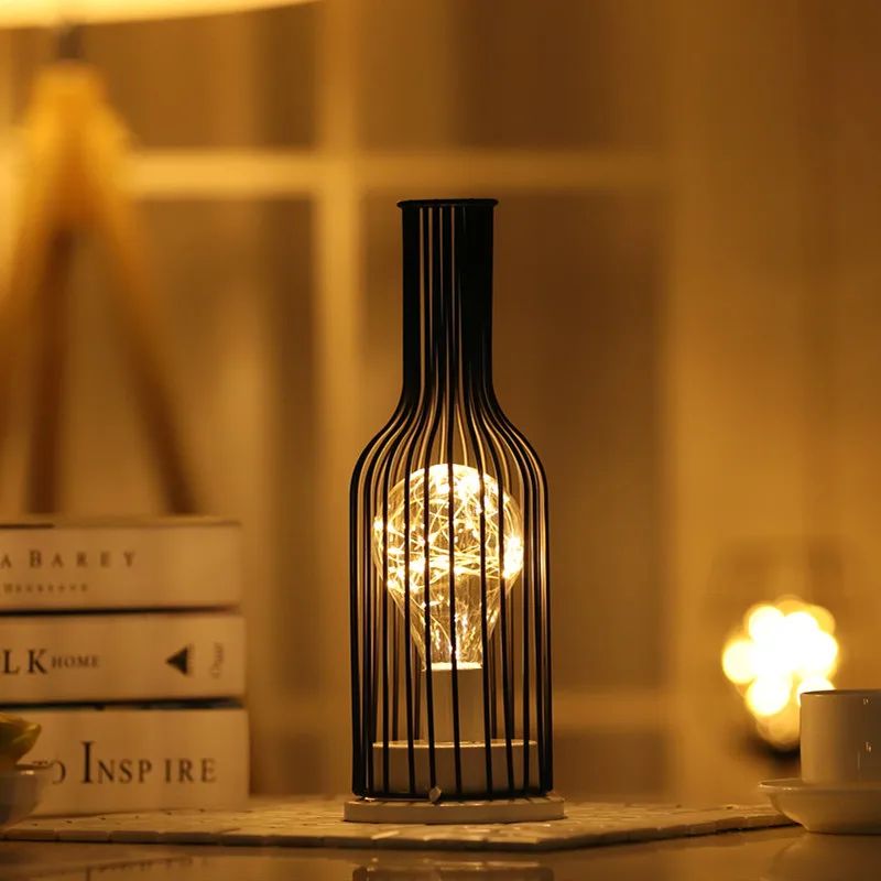 

Table Lamp Wire Blub Light Modern Light for Home Office Hotel Creative Wrought iron Lantern Red Wine Bottle LED night Lamp