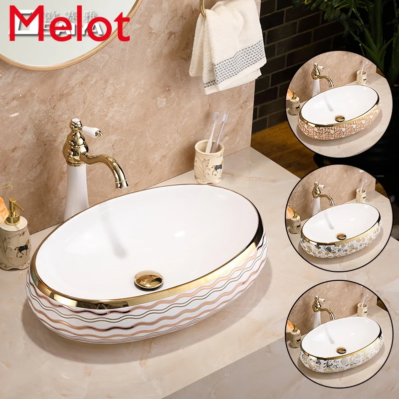 European-Style Ceramic Upper Basin Washbasin Oval Golden Wash Basin Bathroom Basin Art Basin Household Basin