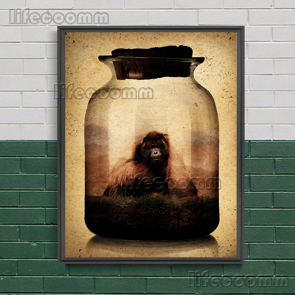 النظام البيئي في زجاجة الرسم على لوحات القماش الجدارية إنسان الغاب ، الدب القطبي ، السلاحف البحرية ، الباندا العملاقة ملصق فني وطباعة ديكور المنزل الفن