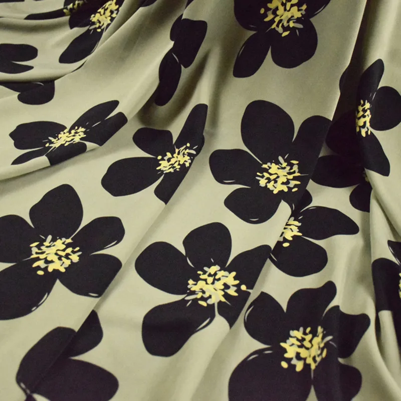 Half Meter Tea Green Big Flower Print Chiffon Fabric For Dress Trousers Lady\'s Garment Material No Transparent T1672