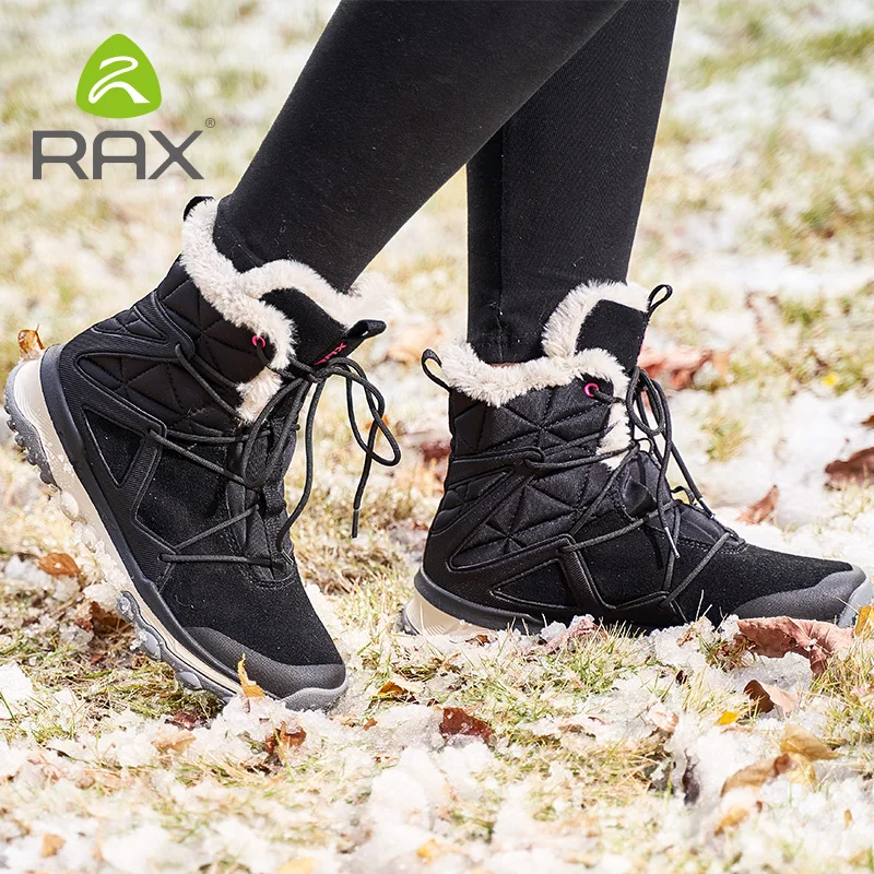 Rax Women Winter Snow Boots Genuine Leather Fluff Mountain Hiking Boots Trekking Shoes Fleece Warm Sports Sneakers Walking Boots