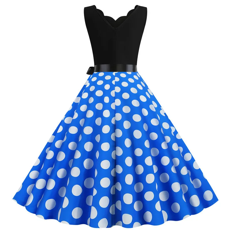 Polka Dot Print Women Summer Dress Black Patchwork Sleeveless V Neck Elegant Vintage Party Casual Midi Dress