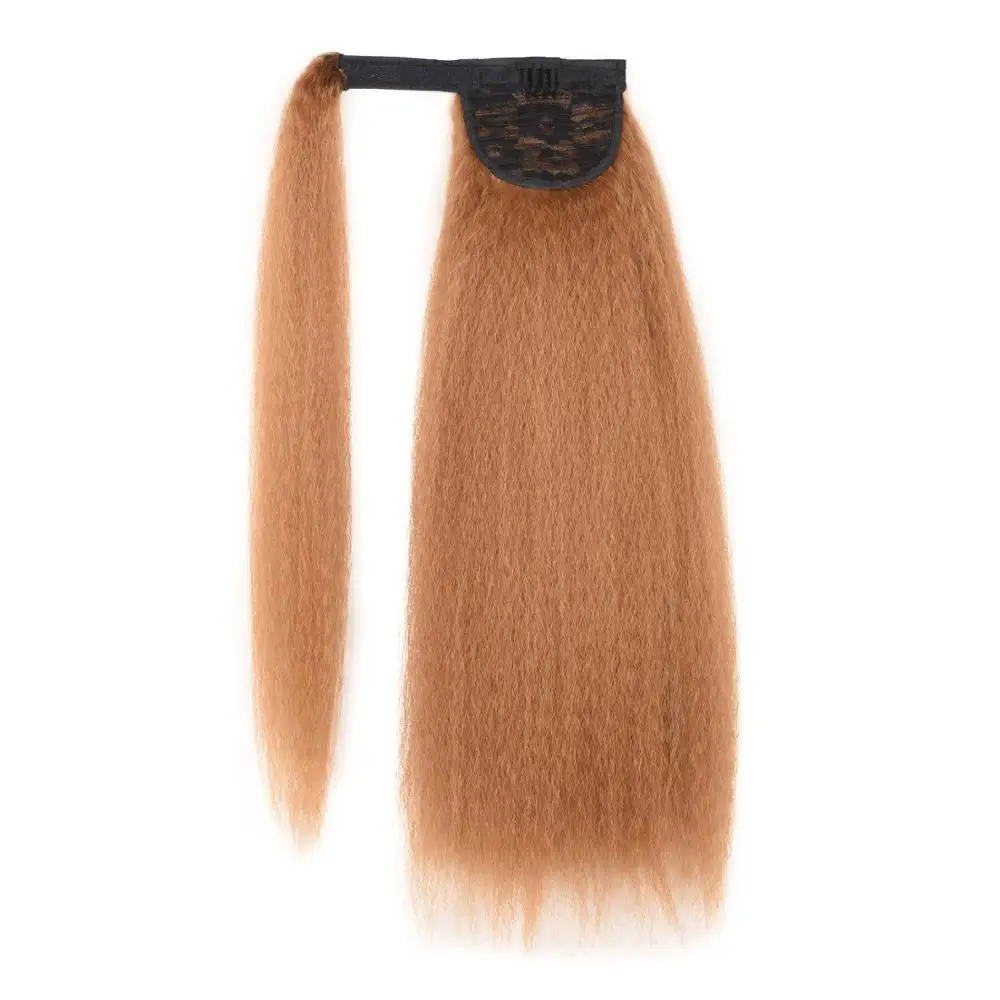 Afro Kinky Straight Ponytail Yaki Synthetic Hairpiece Wrap on Clip Hair Extensions Brown Pony Tail Natural Color Fack Hair