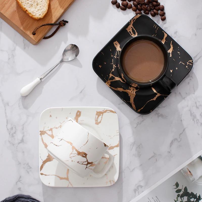 Luxury Marble Ceramic Mugs Coffee Cup Saucer Sets Morning Mug Milk Coffee Tea Breakfast Porcelain Cup With Tray Drop Ship