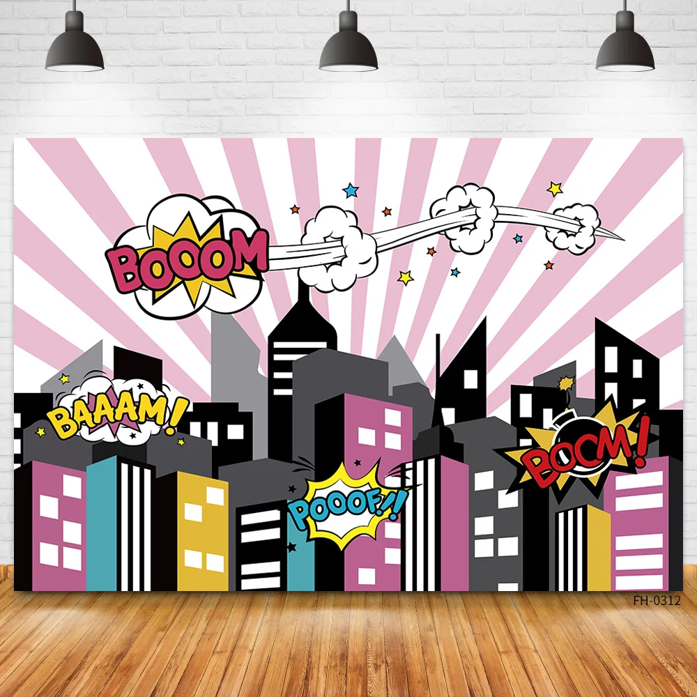 

Custom Superhero City Buildings Comics Birthday Party Decor Backgrounds Boy Baby Poster Photography Backdrops Photo Studio Props