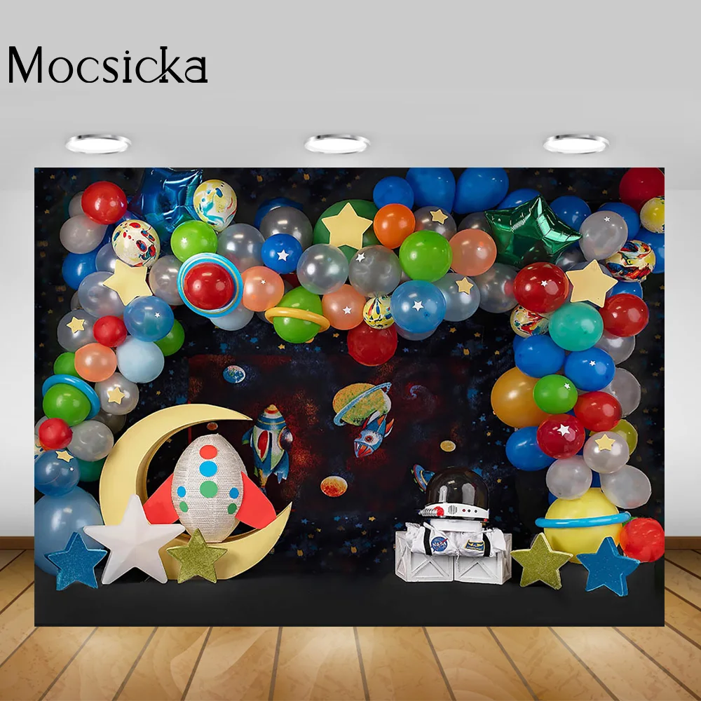 Фон для портрета новорожденного маленького астронавта, воздушные шары, настенный торт на день рождения, разбивающийся фон, луна, звезды, космическая галактика, фотосессия