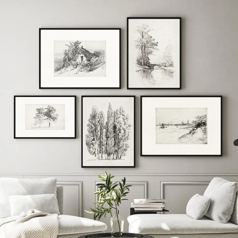 Neutral Gallery Wall Art Canvas Painting Farmhouse Plants Vintage Sketch Prints Rural Landscape Posters Wall Pictures Home Decor