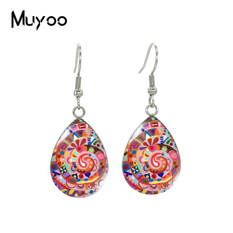 2021 New Colorful Spiral Tear drop Earring Abstract Art Fish hook Earrings Glass Cabochon Jewelry Handmade Items