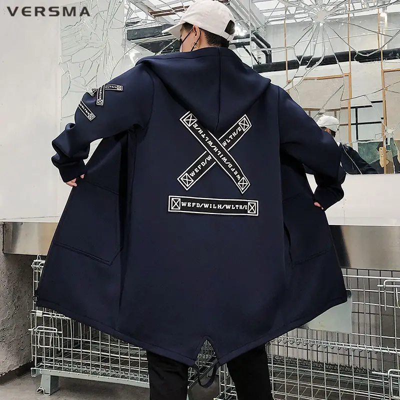 VERSMA Korean Style Clothing Men Ribbon Patch Mens Long Jackets Hip Hop Streetwear Long Gothic Punk Men Trench Coat Dropshipping