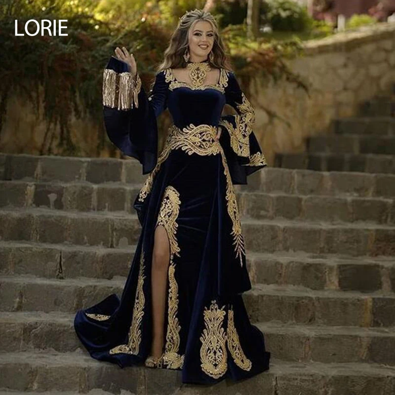 LORIE Moroccan Caftan Evening Dress 3 Pieces Remove Skirt Appliques Gold Lace Long Sleeve Mermaid Velvet Prom Celebrity Gowns