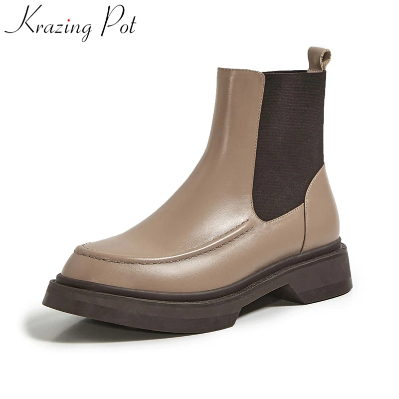 

Krazing Pot Brand Ins Size 40 Cow Leather Platform Chelsea Boots Round Toe Warm Winter Shoes Slip On Concise Elegant Ankle Boots