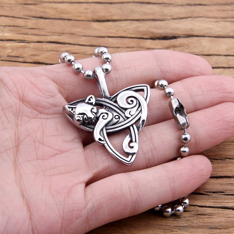 Hot New Style Viking Jewelry fox/cat Necklaces &Pendants Triquetra Silver plated Metal Chain Gift For Women And Men