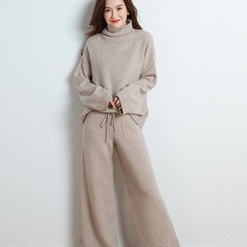 2023 autumn and winter new cashmere suit female turtleneck sweater two-piece fashion loose knitted  pure wool wide leg pants