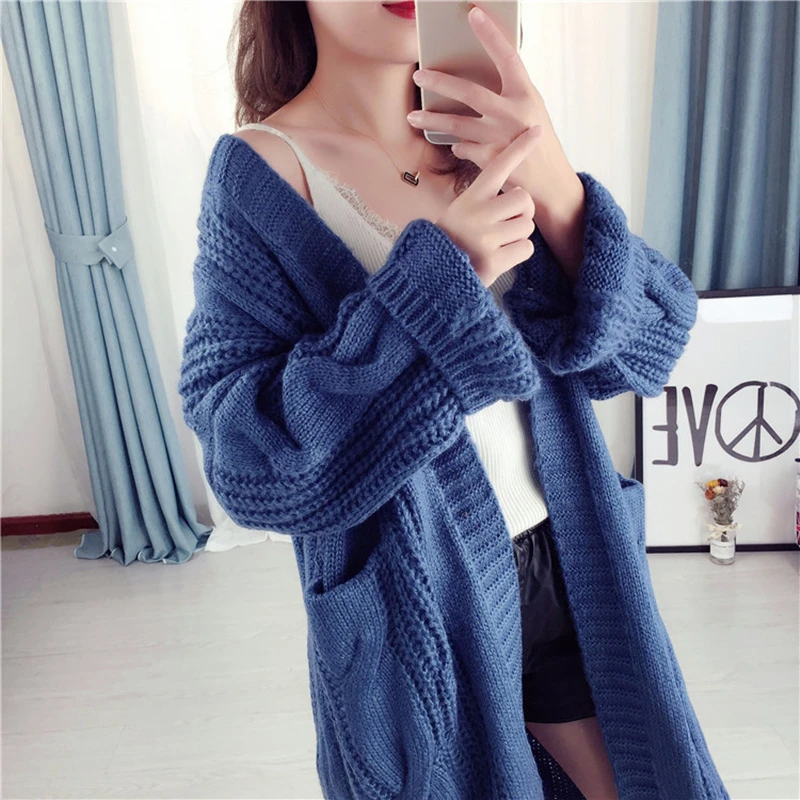 Koreanischen Winter Herbst Strickjacke für frauen Pullover 2019 Elegante Vintage Gestrickte Lose Dicken Langen Pullover Mantel 02235223L