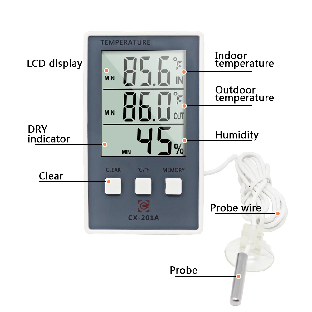 Digital Thermometer Hygrometer Indoor Outdoor Temperature Humidity Meter C/F LCD Display Sensor Probe Weather Station