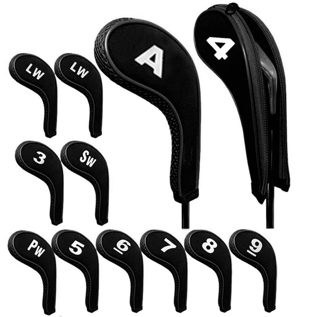 คุณภาพสูง12Pcs ยาง Neoprene Golf Head Cover Golf Club พัตเตอร์ปกป้องหมายเลขชุดพิมพ์ซิปยาวคอ