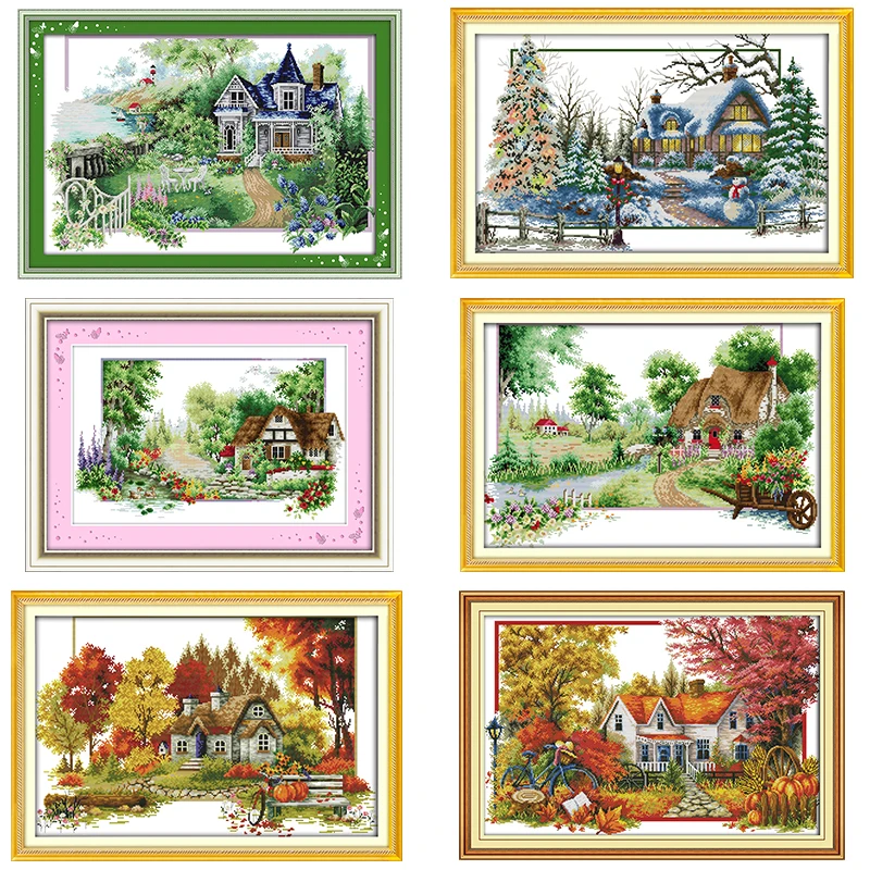 Four Seasons Scenery Series Cross Stitch Kit DIY Landscape Pattern 14CT 11CT Embroidery Set Needlework Home Decoration Painting