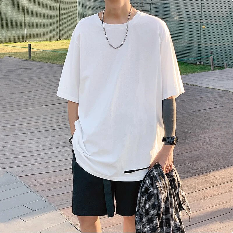 Youth 2020 leisure short-sleeved loose internet celebrities break holes TT shirt new style bottom men's summer half-sleeve shi