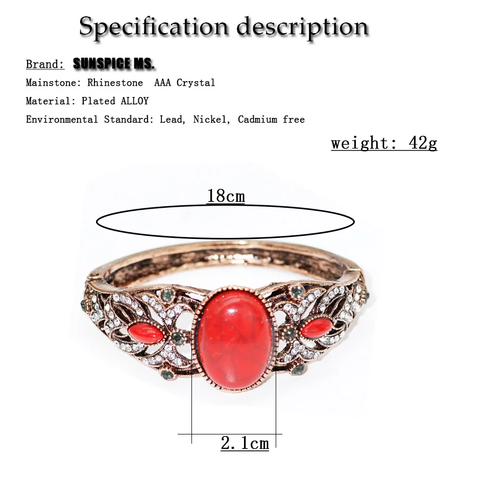 SUNSPICE MS Vintage Bohemia Natural Stone Bangle Bracelet For Women Antique Gold Color Traditional Gift Caucasian Cuff Jewelry