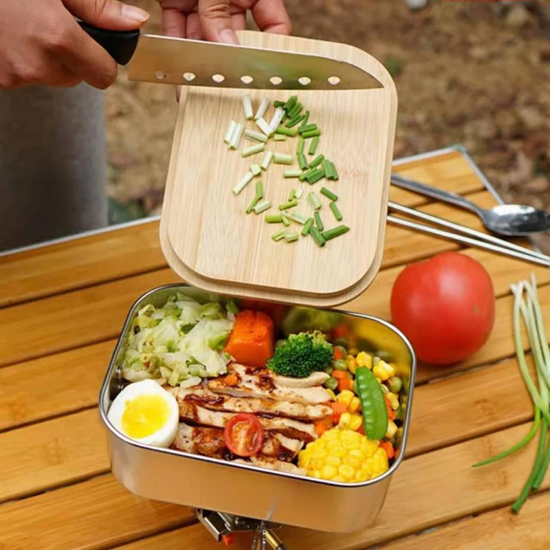 Wooden Lid Lunch Box 304 Stainless Steel Japanese Style Bento Box Bamboo Cover Food Container Portable Lunch Bag Picnic Sandwich