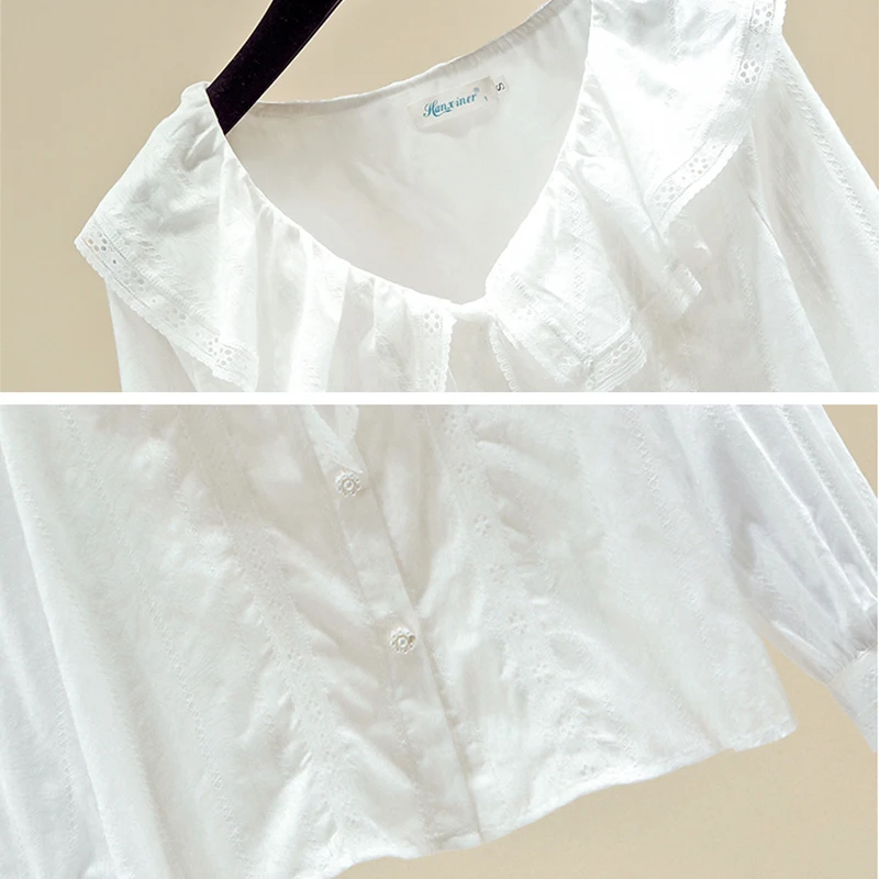 Cárdigan de oficina para mujer, blusa informal con volantes, Vintage, blanca, manga abullonada, 2023