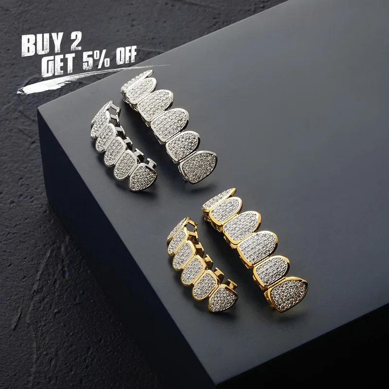 JINAO Gold Silver-Plated Hip Hop Teeth Grill All Iced Out CZ Stone Micro Paved Men n Women's Top&Bottom Grills Set Ship From US