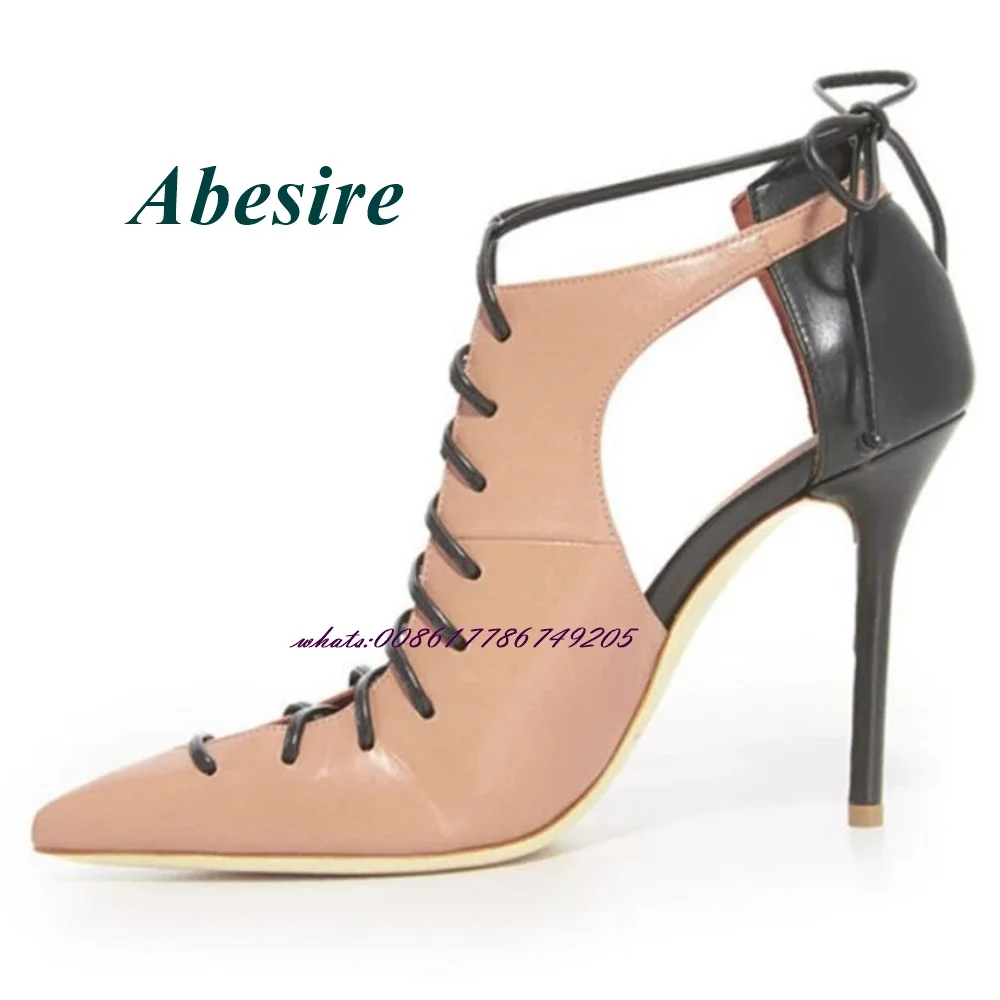 Abesire Pointed Toe Cross Tied Sandals Mixed Color Lace Up Stiletto Heel High Heels for Plus Size Women Summer New Arrival Sexy