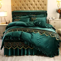 Luxury Lace Crystal Velvet Comforter Bedding Sets Queen King 4pcs Quilted Bedspread Dust Ruffle Soft with 2 Pillowcases European