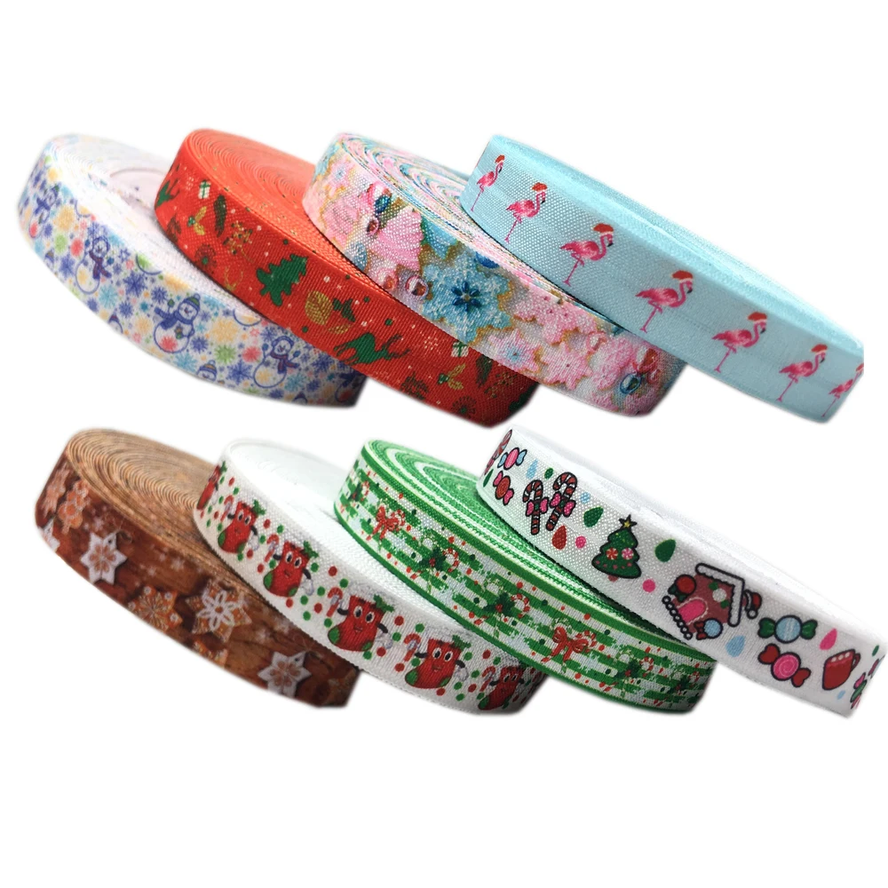 10Y 15mm Christmas Canes Socks Print Fold Over Elastic Christmas Ribbon For Sewing Hair Tie Strap Backpack Decoration Accessorie