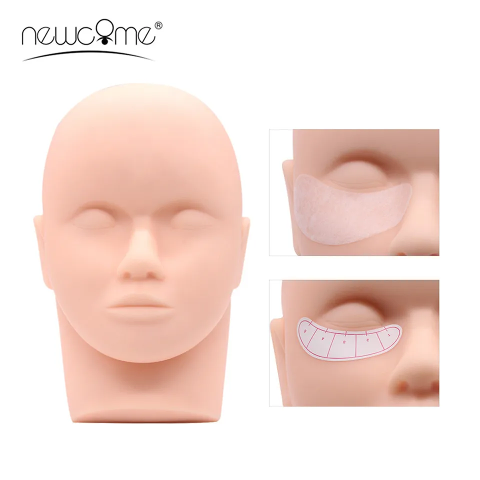 NEWCOME Eyelash Extension Practice Head Training Kit Silicone Mannequin False Eye Lashes & Paper Pad Training Set Makeup Tool