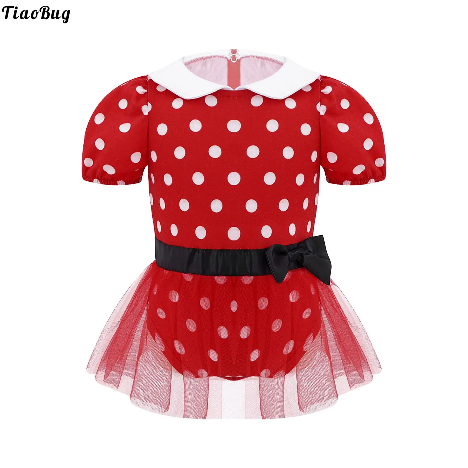 Red Toddle Girls Cartoon Mouse Cosplay Costume Lapel Collar Short Sleeves Polka Dots Print Bowknot Mesh Adorned Romper Jumpsuit