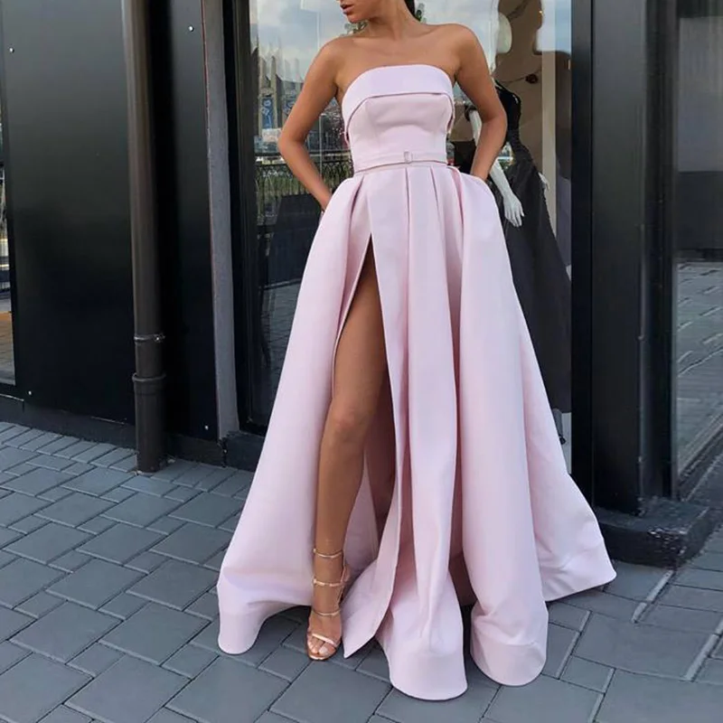 Yeni varış akşam balo parti elbiseler Vestido De Festa kıyafeti Robe De Soiree pembe saten seksi straplez uzun elbisesi resmi elbise