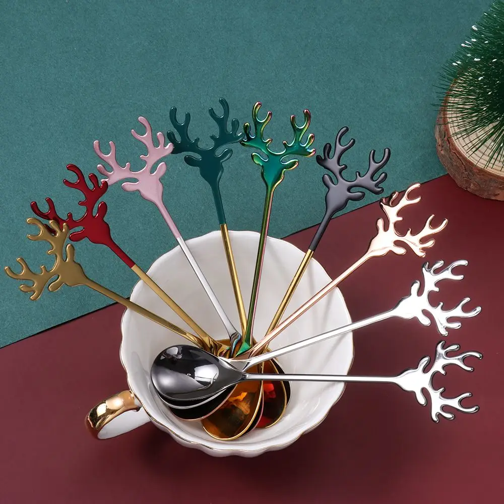 Desserts Christmas Deer Head Stainless Steel Coffee Scoops Xmas Antlers Christmas Spoons Tea Scoop