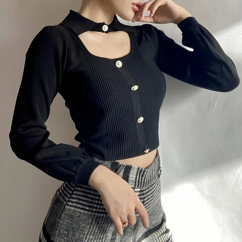 Knitted Sweater Women Tricot Femme Knitwear White Pull Noir Long Sleeve Crop Top Vintage Pullover Ropa Jersey Punto Mujer Spring