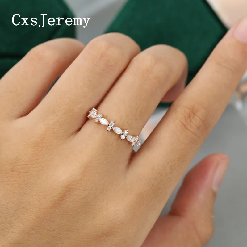 

CxsJeremy Moissanite Wedding Band 14K 585 Rose Gold Marquise Cut Half Eternity Stacking Bridal Gift White Gold Enagement Ring