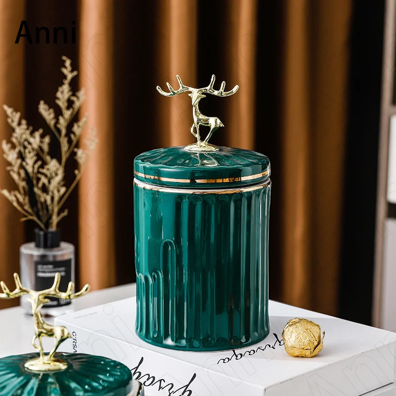 Gilded Deer Ceramic Storage Jars with Lid Nordic Modern Green Stripes Decorative Sealed Nut Snacks Jar Living Room Decoration