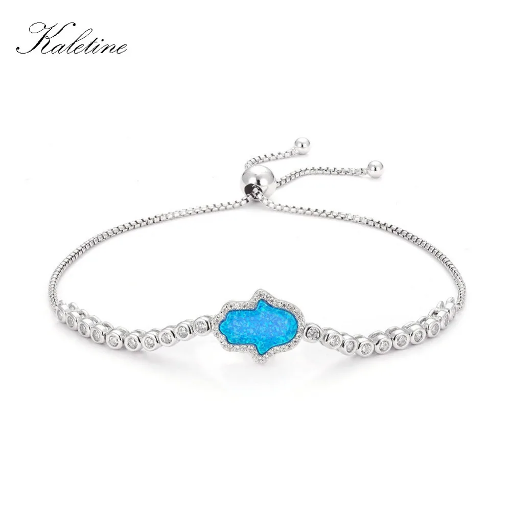 Kaletine Blue Opal Gem Hamsa Bracelets For Women Sterling Silver Charm Bangles  Bijoux Pulseira Feminina Men Jewelry KLTB019