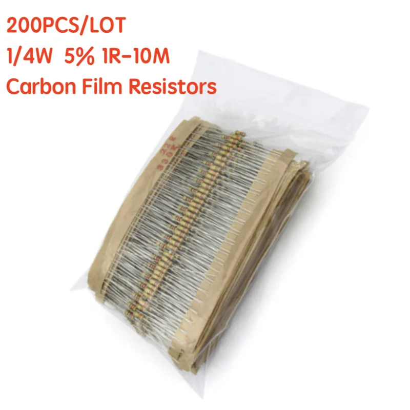 200PCS 1/4W Carbon Film Resistors 5% 1R-10M 10R 47R  56R 100R 220R 1K 4K7  6K8 100K 330K 560K 1M  ohm Color Ring Resistance