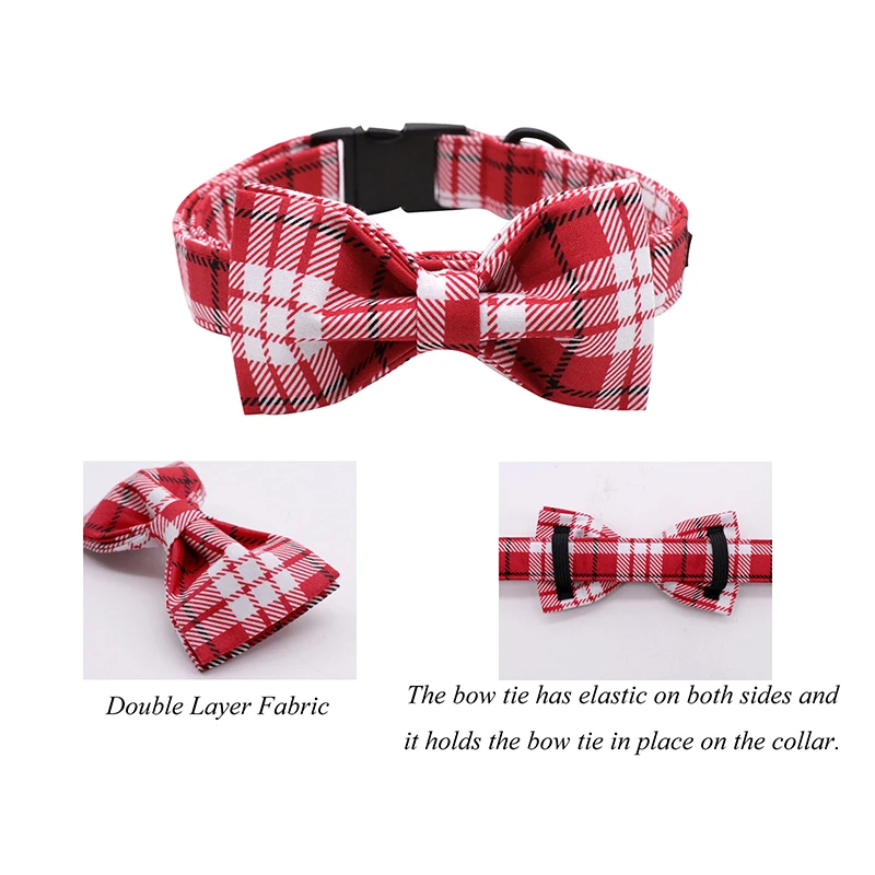 Red Plaid Cotton Fabric Dog Collar and Leash Set with Bow Tie for Big and Small Dog Metal Buckle Pet Accessories