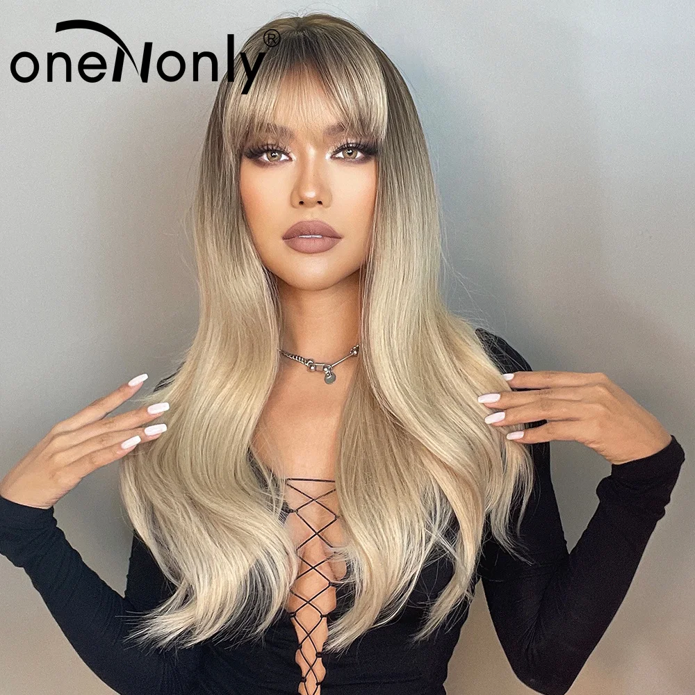 oneNonly Brown Ombre Blonde Wig with Bangs Long Wavy Women\'s Wigs Natural Party Cosplay Daily Human Hair Heat Resistant