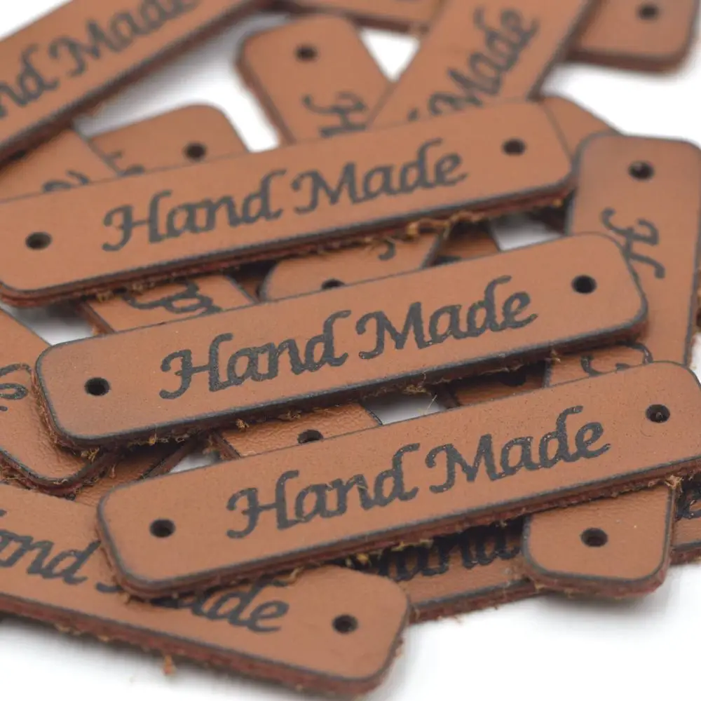 KALASO 20pcs Brown Hand made Labels Clothes Garment Leather Labels Hand Made Tags Caps Bags Shoes Gift Sewing DIY Supplies