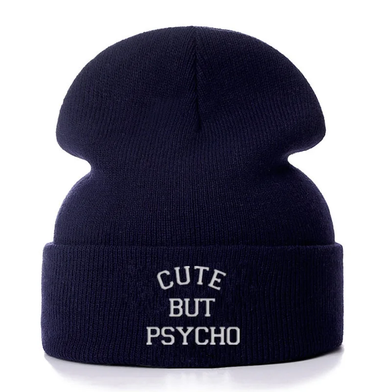 Letter Cute But Psycho Embroidery Cotton Beanies Men Women Knitted Winter Hat Solid Color Hip-hop Skullies Hat Unisex Cap