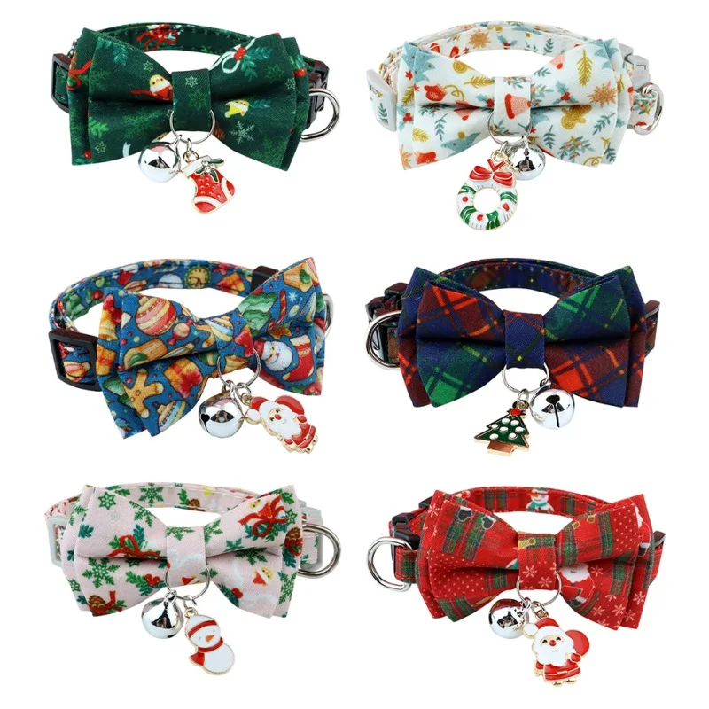 

Christmas Cat Collars Cotton Bowknot Necklace With Bell Pet Dog Cat Bulldog Chihuahua Bow Tie Party Bandana Collar