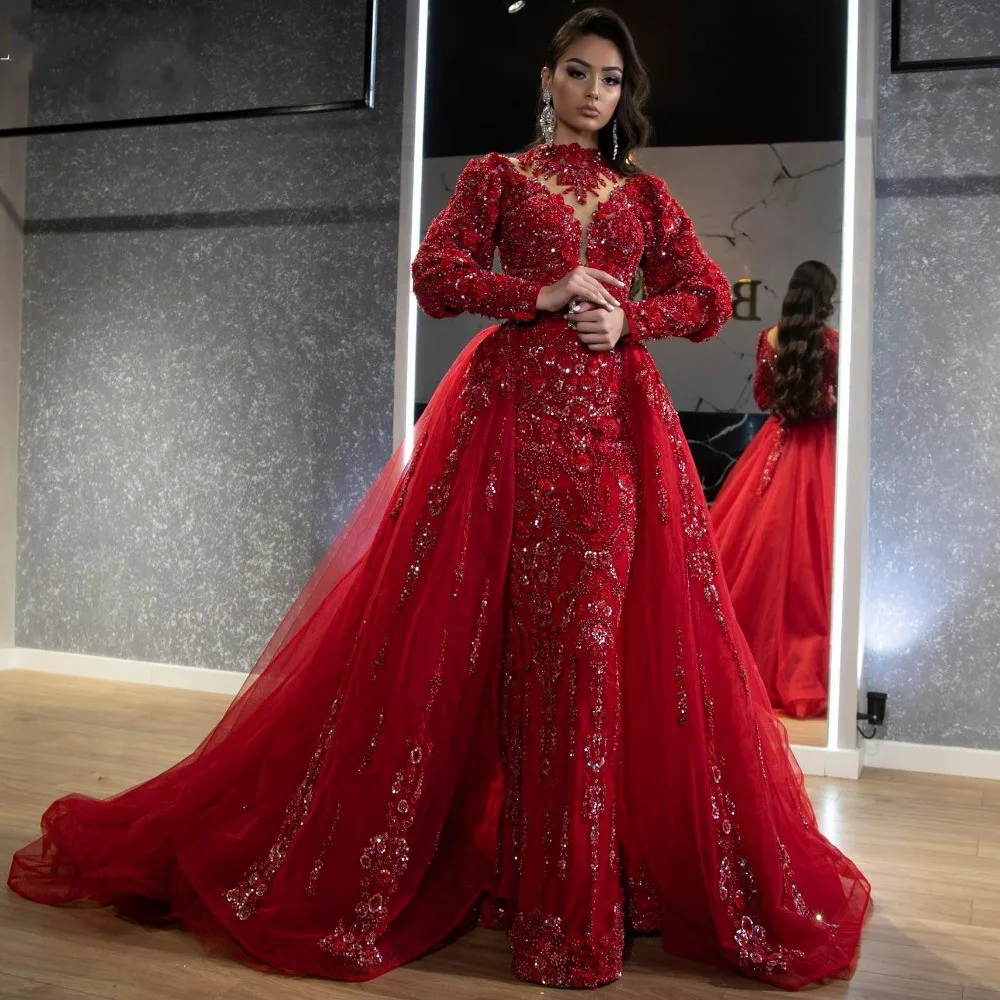 Robe de Soirée Rouge Brillante avec Traîne Amovible, Tenue de Bal de Forme Sirène, avec des Appliques de Perles, Quelle que soit la Traîne de Luxe