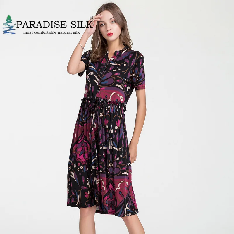 

Women Dress Silk Dress Womens Short Sleeved Notched Collar Silk Knitted Floral Print Short Dress Size L XL XXL XXXL