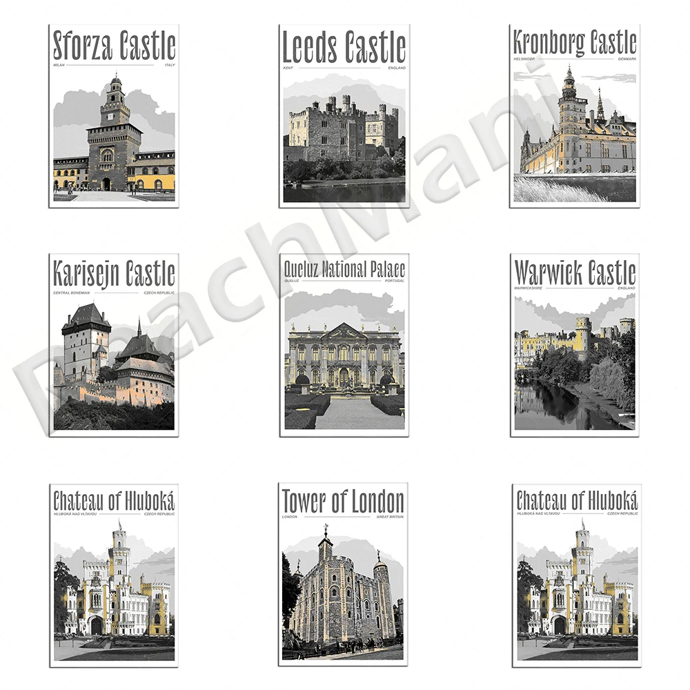 

Spis, Hluboká, Trakai, Vianden, Warwick, Wartburg, Leeds, Peles, Predjama, Loket Castle, Slovakia retro gothic style poster