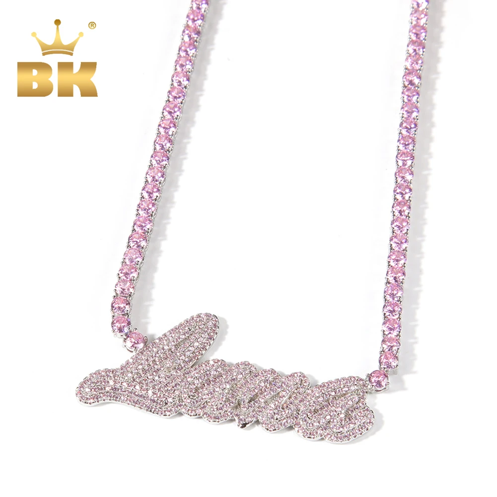 THE BLING KING Custom Name Necklace Cursive Letter Iced Out Pink Cubic Zircon With Tennis Chain Necklace Fashion Hiphop Jewwlry