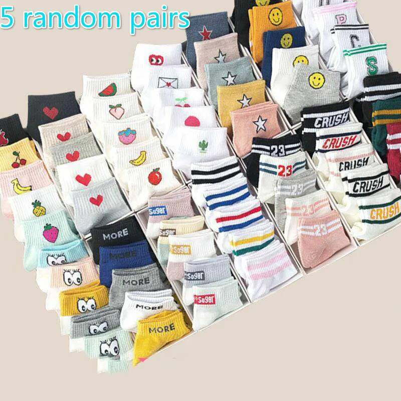 10 pieces = 5 pairs of cute fruit pattern girls ankle socks Korean ladies style fashion short socks happy rainbow striped socks