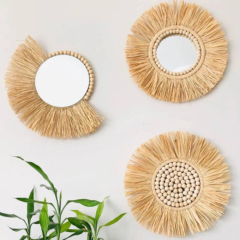 Round Raffia Macrame Mirror Decorative Wall Mirrors Moroccan Style Home Wall Hanging Decor For Living Room Decoration Bedroom