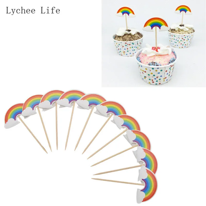 Lychee Life 96Pcs Cartoon Rainbow Cupcake Toppers With Sticks Kids Birthday Party Wedding Decorations Diy Cake Flag Decorations